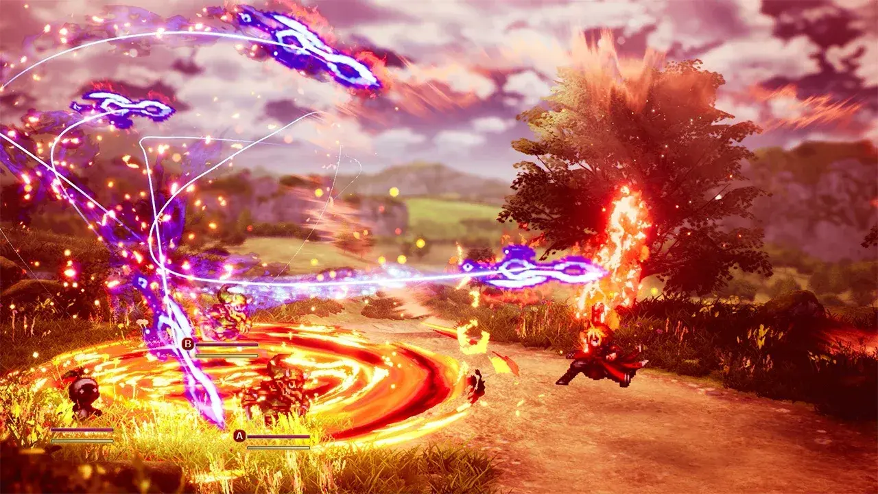 A combat animation with fiery effects around an enemy