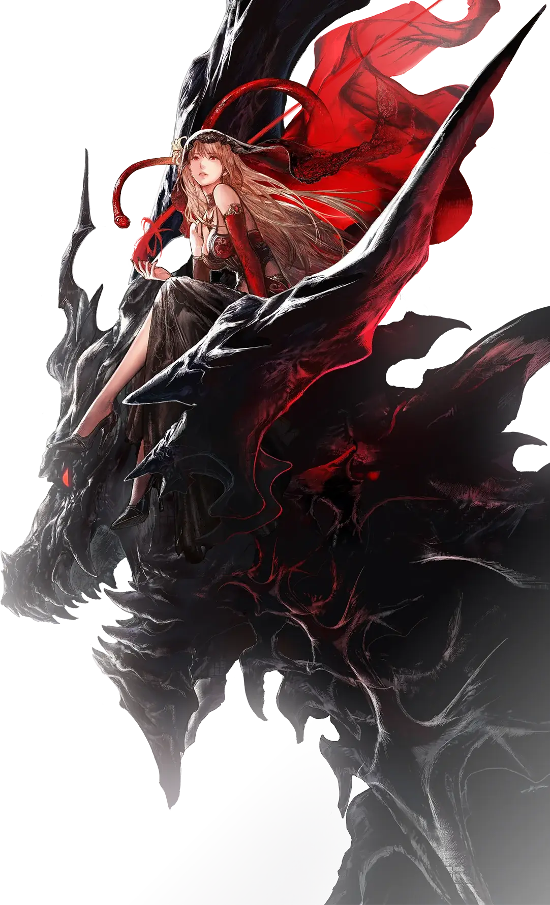 Official Final Fantasy Resonance illustration of a red-cloaked rider and dark dragon
