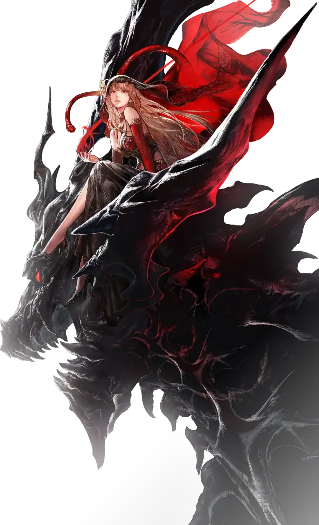Official Final Fantasy Resonance illustration of a red-cloaked rider and dark dragon