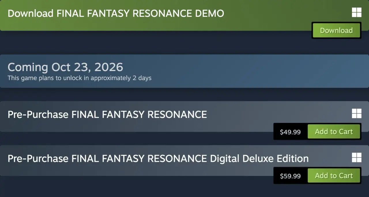 Steam listing showing the separate demo download, Standard edition and Digital Deluxe purchase options