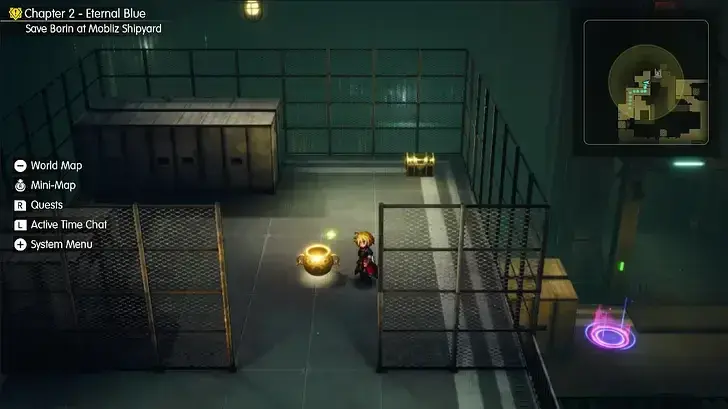 Citrine Pot inside a fenced Mobliz Shipyard room, with a chest behind it