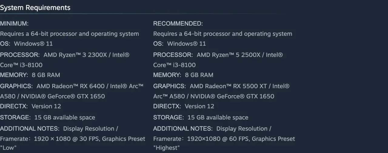 Final Fantasy Resonance minimum and recommended PC specifications, including Low 30 FPS and Highest 60 FPS targets