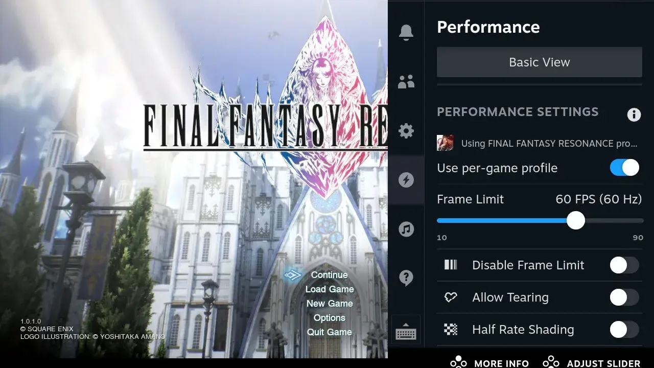 Steam Deck performance overlay with the per-game frame limit set to 60 FPS and 60 Hz