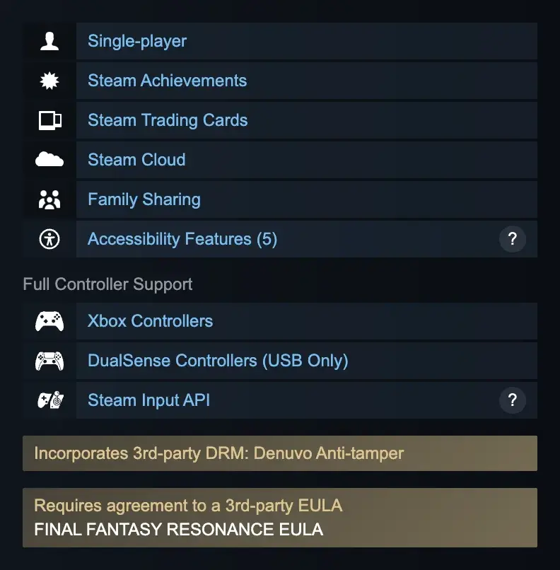Steam feature panel declaring Denuvo Anti-tamper and a separate Final Fantasy Resonance EULA requirement