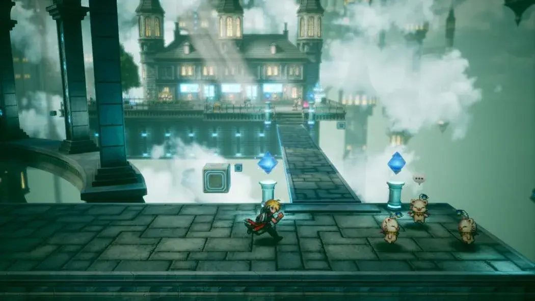 A character and moogles beside blue crystals on an elevated walkway