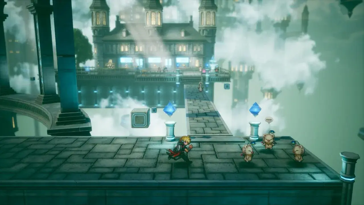 Moogles and blue crystals in an HD-2D city above the clouds