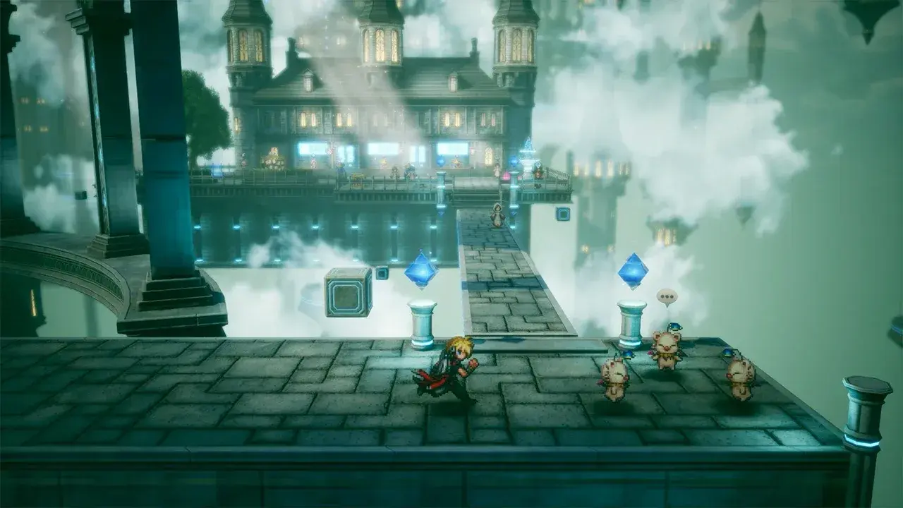 Pixel-art party members in a detailed three-dimensional city environment