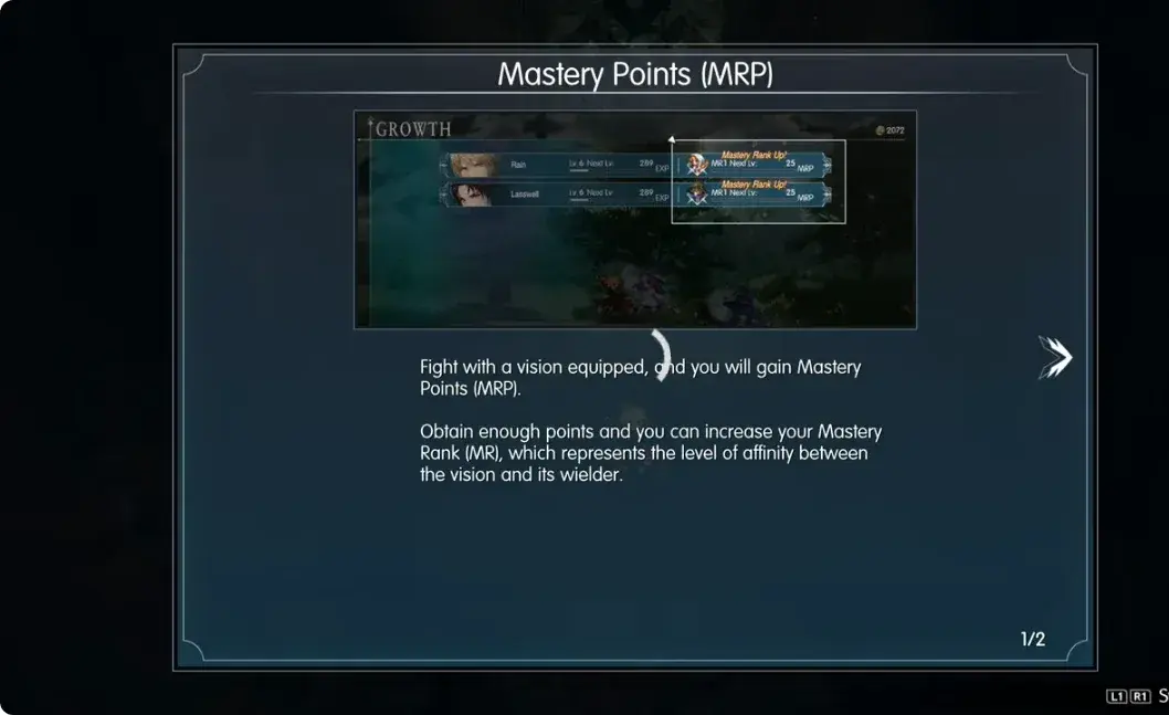 Mastery Points tutorial explaining Vision growth through battle