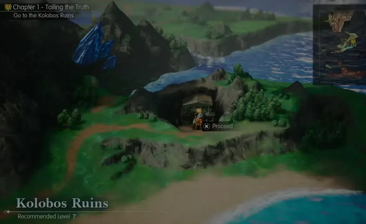 Kolobos Ruins entrance with the Proceed prompt