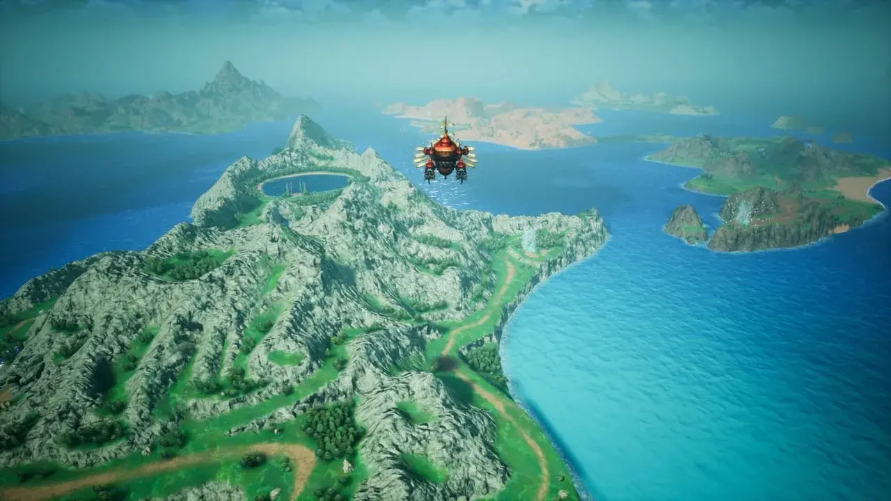An airship traveling above the sea on the world map