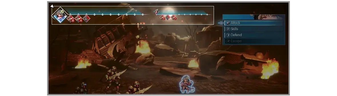 Battle tutorial highlighting the Timeline of ally and enemy turns