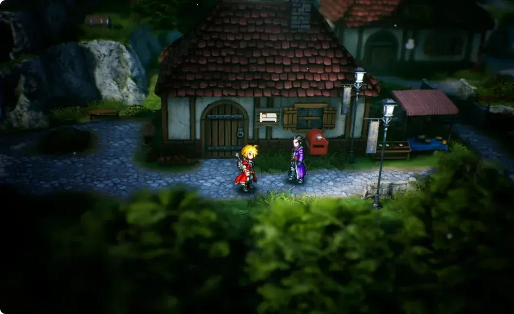 Rain and Lasswell outside the inn on the Town of Mitra street
