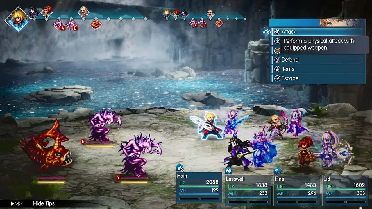 Battle screen with four named hero panels and Visions beside the party