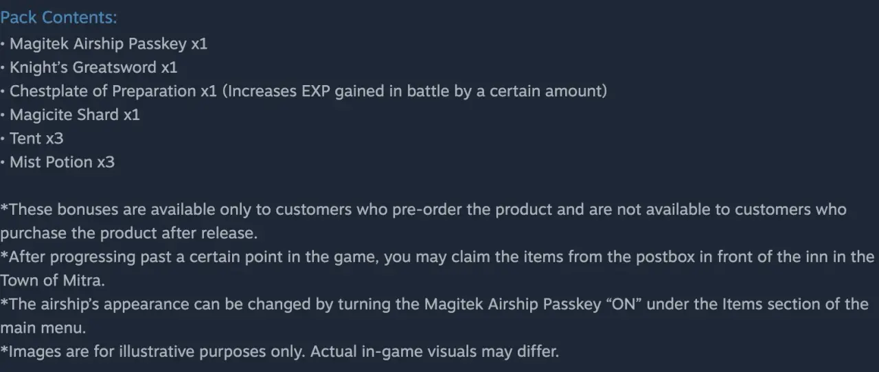 Steam preorder pack inventory, preorder-only eligibility and Mitra postbox claiming instructions