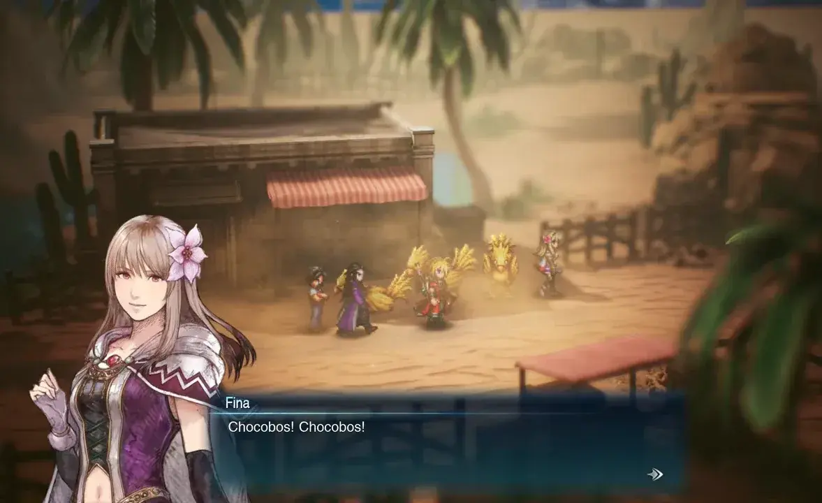 The party beside the yellow chocobos at Kol’s rental stall