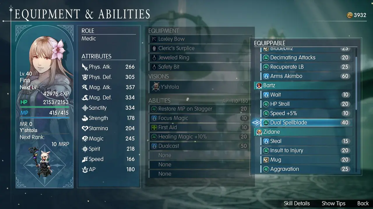 Fina's equipment menu showing her Medic role, equipped Vision and ability slots