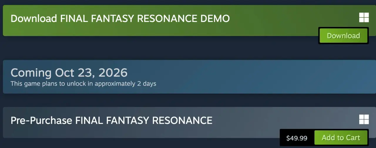 Steam page showing the Final Fantasy Resonance demo and an October 23 release display