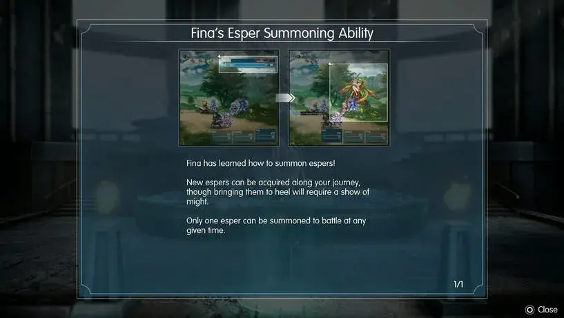 In-game tutorial explaining Fina's Esper command and the one-summon limit