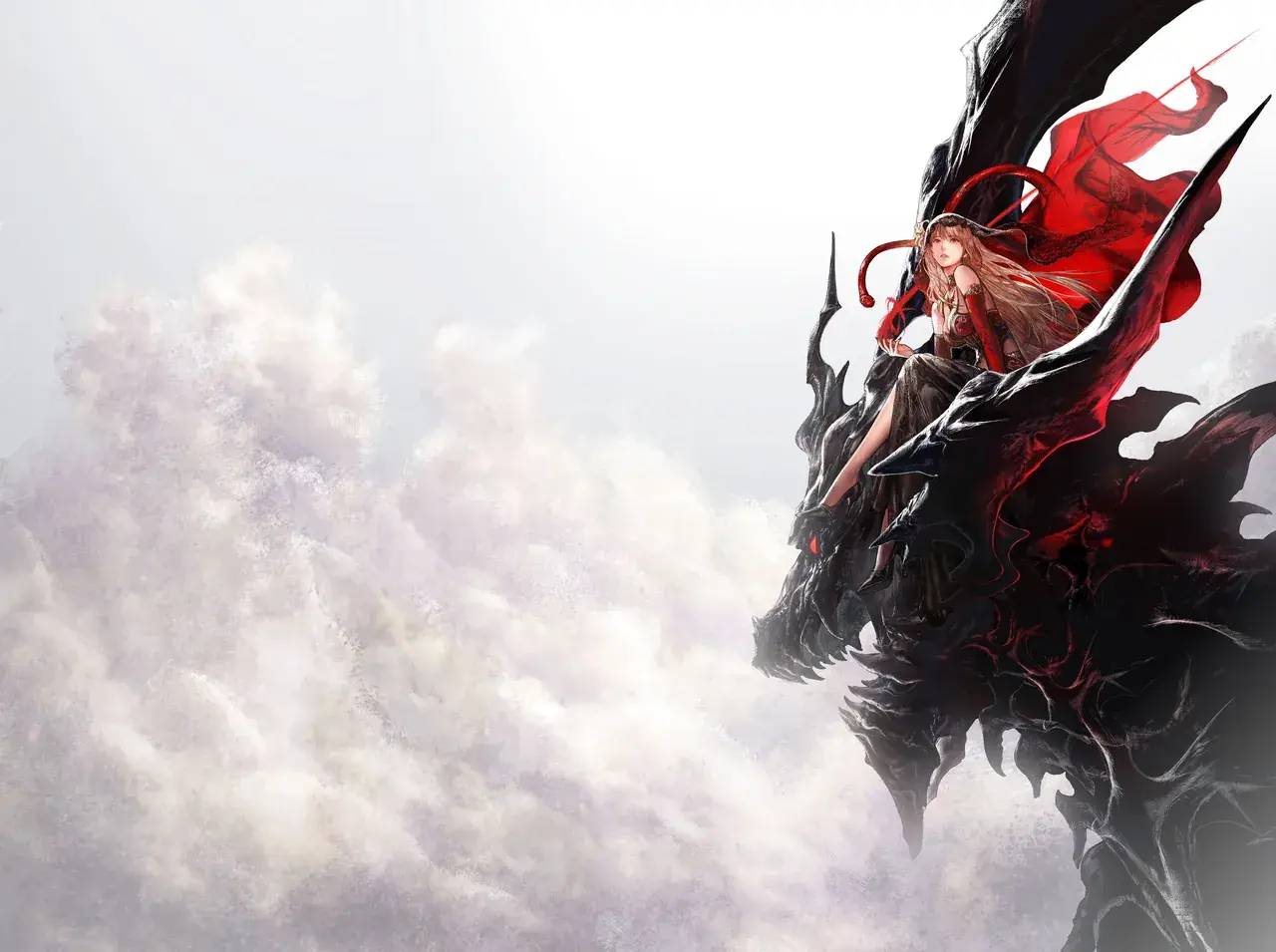 Official Final Fantasy Resonance key art of a red-cloaked rider on a dark dragon
